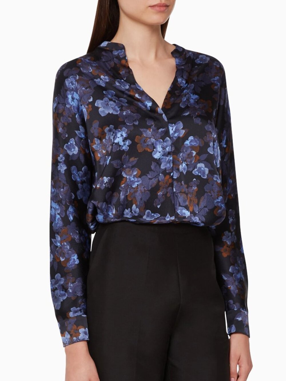 VINCE Plumeria Blue Floral 100% Hammered Silk Dolman Sleeve Blouse, Size XS